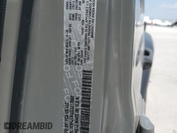 2020 Jeep Gladiator Sport S с VIN 1C6HJTAG3LL217002, выставлен на аукционе Copart как лот 52535955 с пробегом 101 761 миль миль и Списание • Salvage title. История ставок и продаж доступна на DreamBid. Изображение 12.