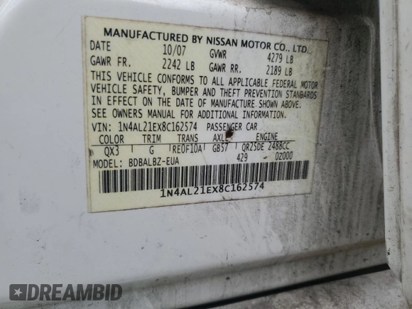 2008 Nissan Altima 2.5 S with VIN 1N4AL21EX8C162574, listed as a Copart auction lot 47375575 with 214,406 mi miles and Salvage Title. Bid and sale history available at carsss.com. Image 15.