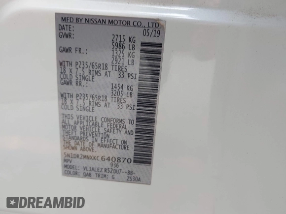 2019 Nissan Pathfinder S with VIN 5N1DR2MNXKC640870, listed as a IAAI auction lot 41490215 with 82,823 mi miles and . Bid and sale history available at DreamBid. Image 9.