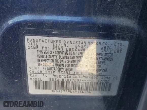 2019 Nissan Sentra SR with VIN 3N1AB7AP6KY456356, listed as a IAAI auction lot 41762846 with 113,852 mi miles. Bid and sale history available at carsss.com. Image 9.