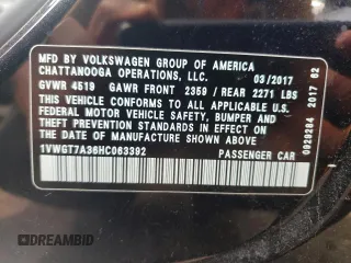 2017 Volkswagen Passat SE with VIN 1VWGT7A36HC063392, listed as a Copart auction lot 60846895 with 153,006 mi miles and Clean title. Bid and sale history available at DreamBid. Image 12.