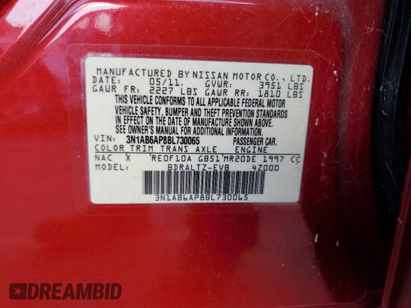 2011 Nissan Sentra S with VIN 3N1AB6AP8BL730065, listed as a Copart auction lot 52761454 with 86,124 mi miles and Salvage Title. Bid and sale history available at DreamBid. Image 12.