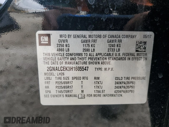 2017 Chevrolet Equinox LT with VIN 2GNALCEK3H1605547, listed as a Copart auction lot 51156055 with 72,052 mi miles and Clean Title. Bid and sale history available at carsss.com. Image 13.