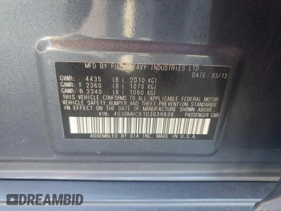 2013 Subaru Legacy Premium with VIN 4S3BMBC61D3039838, listed as a Copart auction lot 59431575 with 189,244 mi miles and Clean title. Bid and sale history available at DreamBid. Image 12.