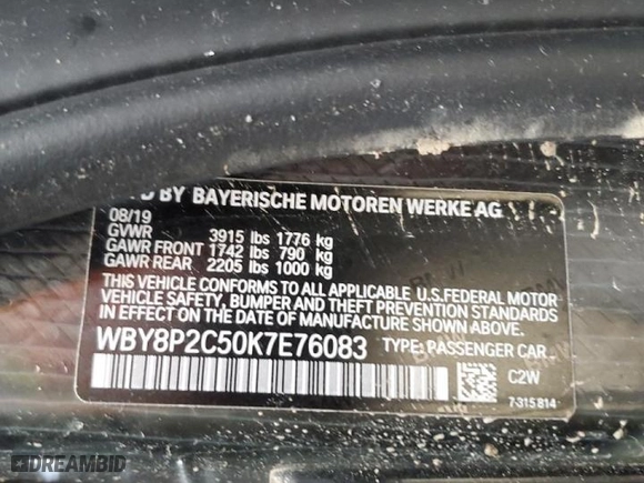 2019 BMW i3 with VIN WBY8P2C50K7E76083, listed as a Copart auction lot 37106933 with 0 mi miles. Bid and sale history available at carsss.com. Image 12.