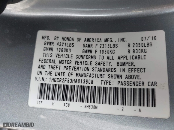 2017 Honda Accord Sedan Sport with VIN 1HGCR2F53HA013608, listed as a IAAI auction lot 41786509 with 85,070 mi miles. Bid and sale history available at carsss.com. Image 9.