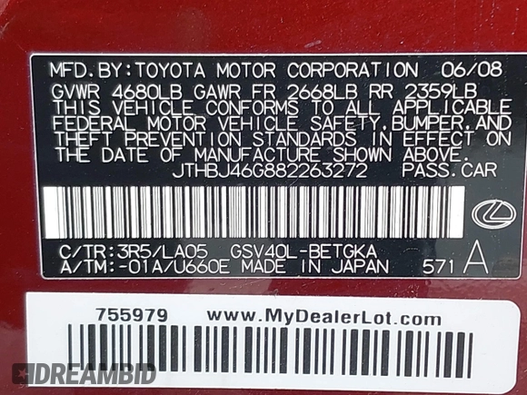 2008 Lexus ES 350 with VIN JTHBJ46G882263272, listed as a IAAI auction lot 42139070 with 144,604 mi miles. Bid and sale history available at carsss.com. Image 9.