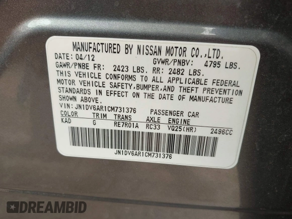 2012 Infiniti G25 x z VIN JN1DV6AR1CM731376, wystawiony jako IAAI lot #42388315 z przebiegiem 165 225 mil mil oraz . Historia ofert i sprzedaży dostępna na DreamBid. Obrazek 9.