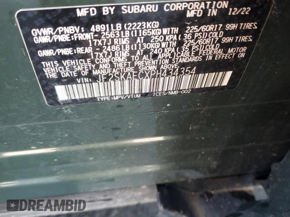 2023 Subaru Forester Premium z VIN JF2SKAECXPH434354, wystawiony jako Copart lot #63030395 z przebiegiem 54 872 mil mil oraz Szkoda całkowita • Salvage title. Historia ofert i sprzedaży dostępna na DreamBid. Obrazek 13.