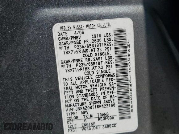 2006 Nissan Murano SL с VIN JN8AZ08T16W422166, выставлен на аукционе Copart как лот 56420595 с пробегом 148 646 миль миль и Списание • Salvage title. История ставок и продаж доступна на DreamBid. Изображение 13.