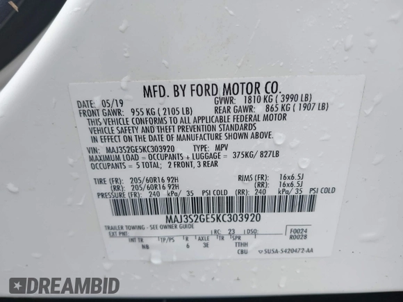 2019 Ford EcoSport SE with VIN MAJ3S2GE5KC303920, listed as a IAAI auction lot 41662368 with 91,207 mi miles and . Bid and sale history available at DreamBid. Image 9.
