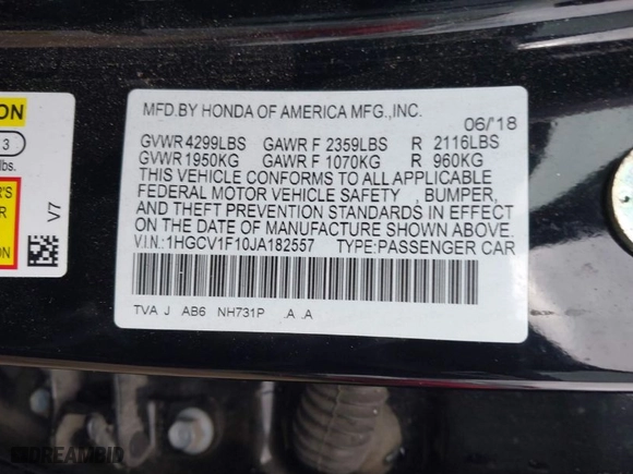 2018 Honda Accord Sedan LX 1.5T with VIN 1HGCV1F10JA182557, listed as a IAAI auction lot 41125636 with 114,760 mi miles. Bid and sale history available at carsss.com. Image 9.