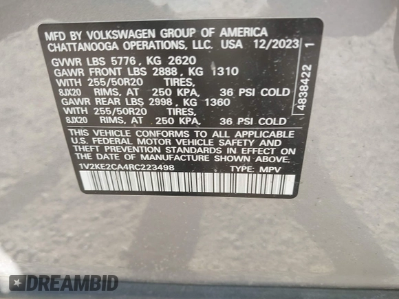 2024 Volkswagen Atlas SE with VIN 1V2KE2CA4RC223498, listed as a IAAI auction lot 41762422 with 15,618 mi miles and . Bid and sale history available at DreamBid. Image 9.
