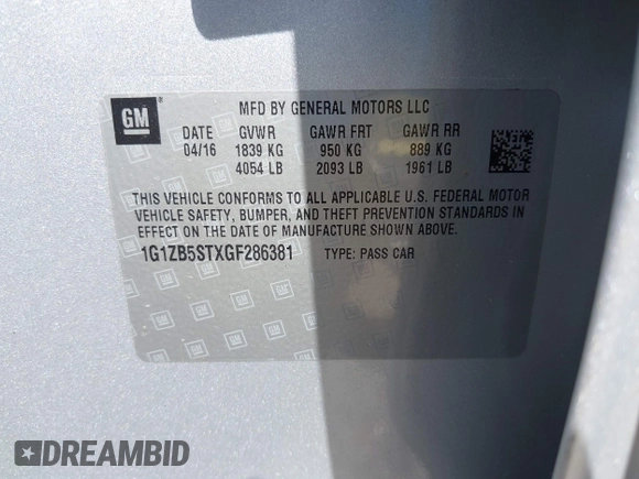 2016 Chevrolet Malibu LS with VIN 1G1ZB5STXGF286381, listed as a IAAI auction lot 42204535 with 81,079 mi miles and . Bid and sale history available at DreamBid. Image 9.
