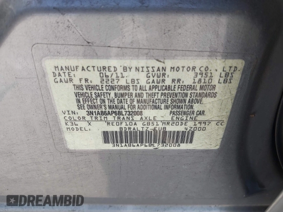 2011 Nissan Sentra S with VIN 3N1AB6AP6BL732008, listed as a IAAI auction lot 41781701 with 174,996 mi miles and . Bid and sale history available at DreamBid. Image 9.
