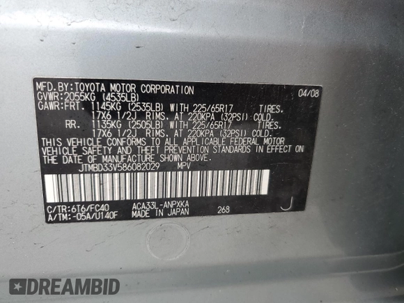 2008 Toyota RAV4 с VIN JTMBD33V586082029, выставлен на аукционе Copart как лот 54019965 с пробегом 137 077 миль миль и Списание • Salvage title. История ставок и продаж доступна на DreamBid. Изображение 13.