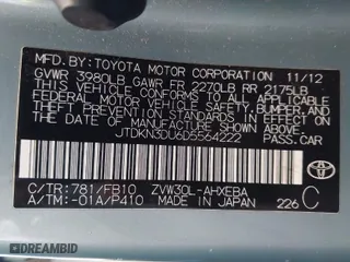 2013 Toyota Prius One with VIN JTDKN3DU6D5564222, listed as a IAAI auction lot 41968321 with 114,474 mi miles. Bid and sale history available at carsss.com. Image 9.