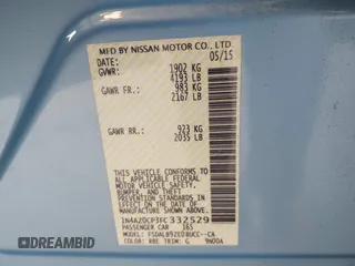 2015 Nissan LEAF SV with VIN 1N4AZ0CP3FC332529, listed as a IAAI auction lot 41760939 with 60,503 mi miles. Bid and sale history available at carsss.com. Image 9.
