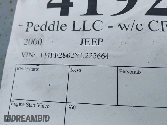 2000 Jeep Cherokee SE with VIN 1J4FF28S2YL225664, listed as a IAAI auction lot 41929998 with 1 mi miles. Bid and sale history available at carsss.com. Image 9.
