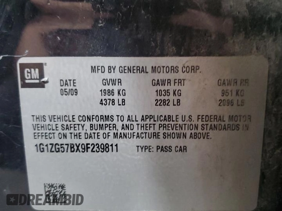 2009 Chevrolet Malibu 1LS with VIN 1G1ZG57BX9F239811, listed as a Copart auction lot 52428655 with 190,389 mi miles and Salvage Title. Bid and sale history available at DreamBid. Image 13.