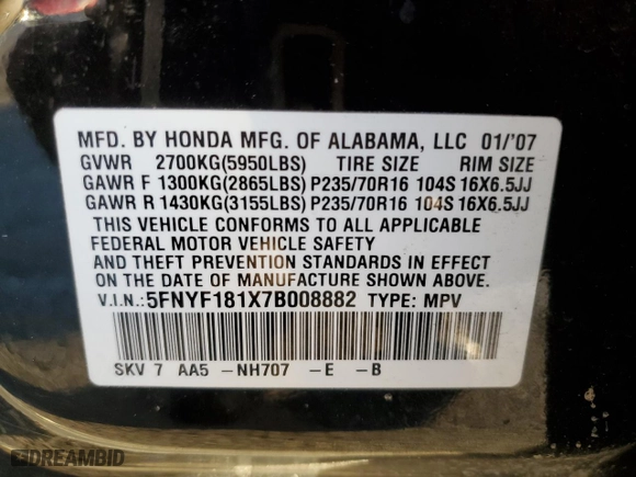 2007 Honda Pilot LX with VIN 5FNYF181X7B008882, listed as a Copart auction lot 87508455 with 0 mi miles and Salvage Title. Bid and sale history available at carsss.com. Image 12.