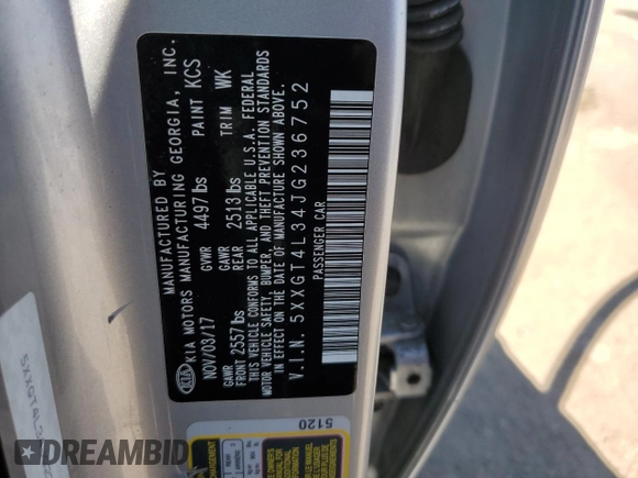 2018 Kia Optima S with VIN 5XXGT4L34JG236752, listed as a Copart auction lot 57867154 with 174,484 mi miles and Non repairable. Bid and sale history available at DreamBid. Image 12.