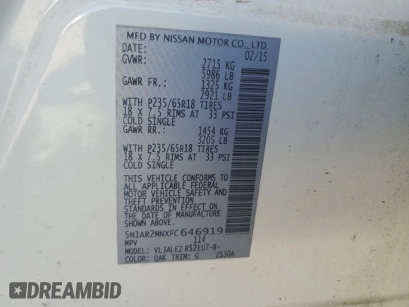 2015 Nissan Pathfinder S с VIN 5N1AR2MNXFC646919, выставлен на аукционе Copart как лот 54557855 с пробегом 268 032 миль миль и Списание • Salvage title. История ставок и продаж доступна на DreamBid. Изображение 13.