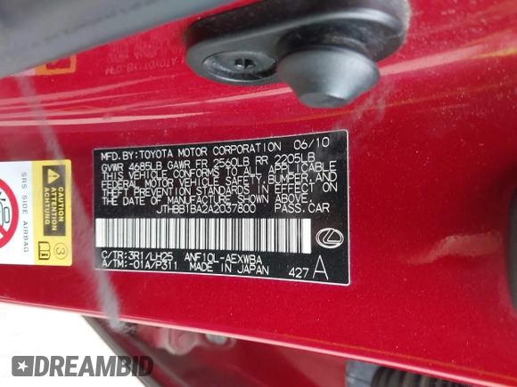 2010 Lexus HS 250h z VIN JTHBB1BA2A2037800, wystawiony jako IAAI lot #41917292 z przebiegiem Nie podano mil oraz . Historia ofert i sprzedaży dostępna na DreamBid. Obrazek 9.