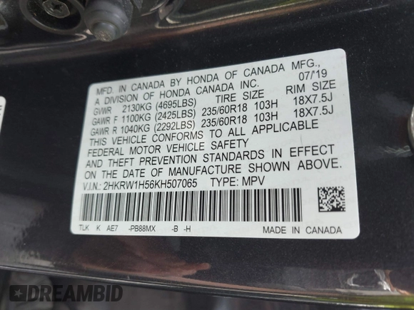 2019 Honda CR-V EX with VIN 2HKRW1H56KH507065, listed as a IAAI auction lot 41835128 with 75,093 mi miles. Bid and sale history available at carsss.com. Image 9.