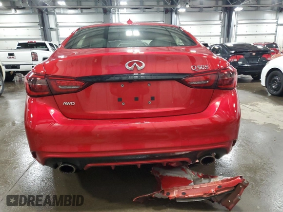 2021 Infiniti Q50 Red Sport 400 with VIN JN1FV7DR0MM880308, listed as a Copart auction lot 86103434 with 27,845 mi miles and Salvage Title. Bid and sale history available at DreamBid. Image 6.