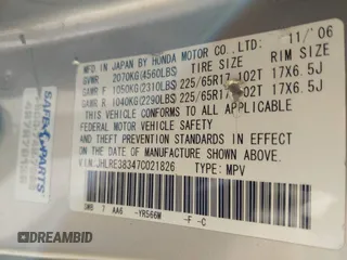 2007 Honda CR-V LX with VIN JHLRE38347C021826, listed as a IAAI auction lot 42105197 with 208,665 mi miles. Bid and sale history available at carsss.com. Image 9.
