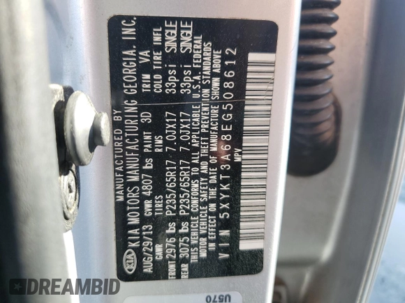 2014 Kia Sorento LX z VIN 5XYKT3A68EG508612, wystawiony jako Copart lot #52142815 z przebiegiem 168 341 mil mil oraz Szkoda całkowita • Salvage title. Historia ofert i sprzedaży dostępna na DreamBid. Obrazek 13.