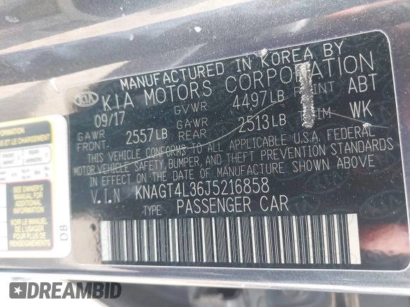 2018 Kia Optima LX z VIN KNAGT4L36J5216858, wystawiony jako IAAI lot #42149047 z przebiegiem 121 845 mil mil oraz . Historia ofert i sprzedaży dostępna na DreamBid. Obrazek 9.
