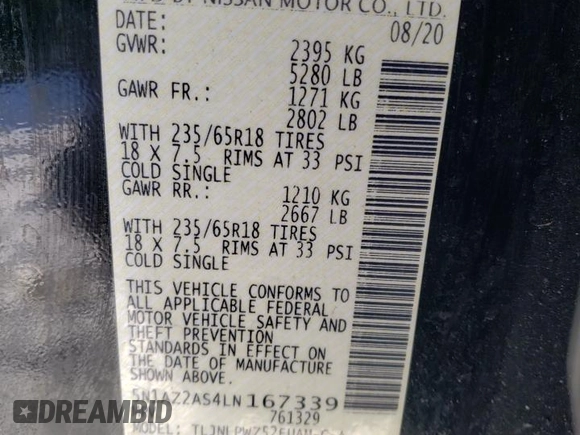 2020 Nissan Murano S with VIN 5N1AZ2AS4LN167339, listed as a Copart auction lot 45813445 with Not Provided miles and Salvage Title. Bid and sale history available at DreamBid. Image 15.