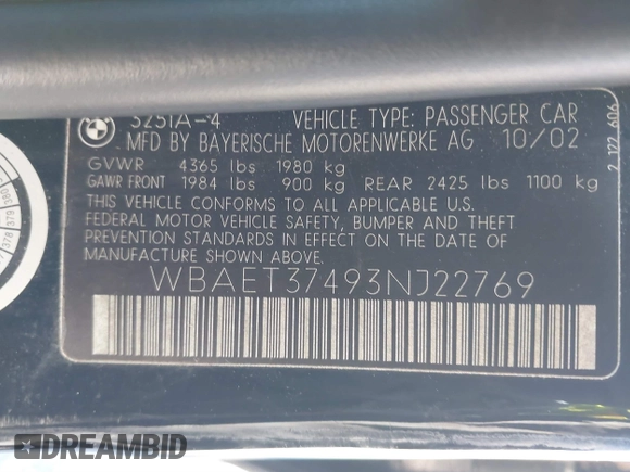 2003 BMW 3 Series 325i with VIN WBAET37493NJ22769, listed as a IAAI auction lot 41852747 with 131,380 mi miles and . Bid and sale history available at DreamBid. Image 9.