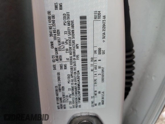 2021 Ford Escape S with VIN 1FMCU9F68MUA50124, listed as a Copart auction lot 52160715 with 65,124 mi miles and Salvage title. Bid and sale history available at DreamBid. Image 13.