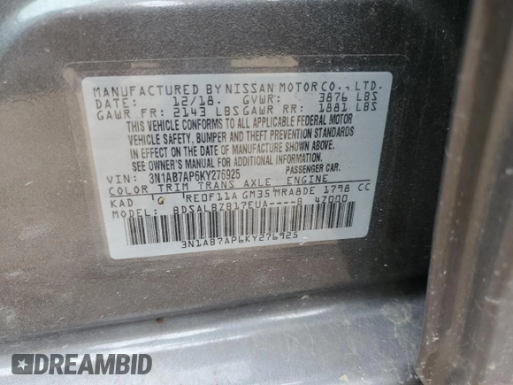 2019 Nissan Sentra S with VIN 3N1AB7AP6KY276925, listed as a Copart auction lot 62218334 with 28,716 mi miles and Salvage title. Bid and sale history available at DreamBid. Image 12.