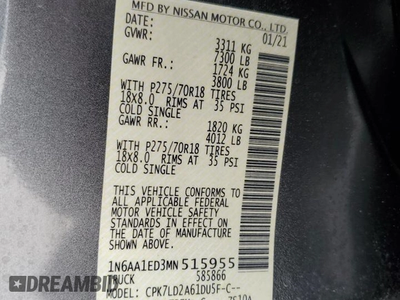 2021 Nissan Titan SL с VIN 1N6AA1ED3MN515955, выставлен на аукционе Copart как лот 55079255 с пробегом 89 098 миль миль и Чистый • Clean title. История ставок и продаж доступна на DreamBid. Изображение 13.
