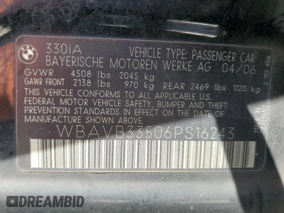 2006 BMW 3 Series 330i с VIN WBAVB33506PS16243, выставлен на аукционе Copart как лот 56112935 с пробегом 153 657 миль миль и Списание • Salvage title. История ставок и продаж доступна на DreamBid. Изображение 12.