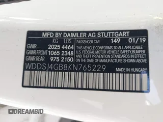 2019 Mercedes-Benz CLA 250 with VIN WDDSJ4GB8KN765229, listed as a IAAI auction lot 42432422 with Not provided miles and . Bid and sale history available at DreamBid. Image 9.