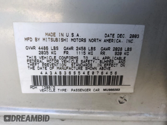 2004 Mitsubishi Galant LS with VIN 4A3AB36S54E076456, listed as a Copart auction lot 83207664 with 66,800 mi miles and Salvage Title. Bid and sale history available at carsss.com. Image 12.