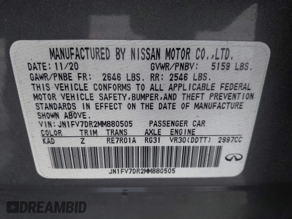 2021 Infiniti Q50 Red Sport 400 with VIN JN1FV7DR2MM880505, listed as a IAAI auction lot 42377058 with 59,618 mi miles and . Bid and sale history available at DreamBid. Image 9.