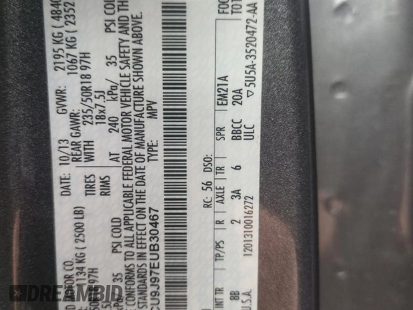 2014 Ford Escape Titanium with VIN 1FMCU9J97EUB30467, listed as a Copart auction lot 54949035 with 112,013 mi miles and Salvage Title. Bid and sale history available at DreamBid. Image 13.