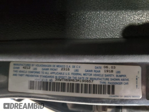 2003 Volkswagen Jetta с VIN 3VWTH69M63M190657, выставлен на аукционе Copart как лот 53622475 с пробегом 133 211 миль миль и Списание • Salvage title. История ставок и продаж доступна на DreamBid. Изображение 12.