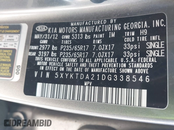 2013 Kia Sorento LX with VIN 5XYKTDA21DG338546, listed as a IAAI auction lot 41447585 with 317,710 mi miles. Bid and sale history available at carsss.com. Image 9.