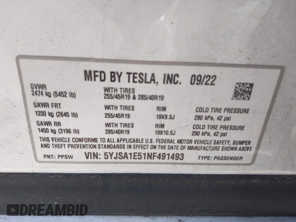 2022 Tesla Model S with VIN 5YJSA1E51NF491493, listed as a IAAI auction lot 41570494 with Not Provided miles and . Bid and sale history available at DreamBid. Image 9.