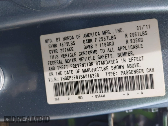 2011 Honda Accord EX-L with VIN 1HGCP3F81BA016360, listed as a IAAI auction lot 42344149 with 157,706 mi miles and . Bid and sale history available at DreamBid. Image 9.