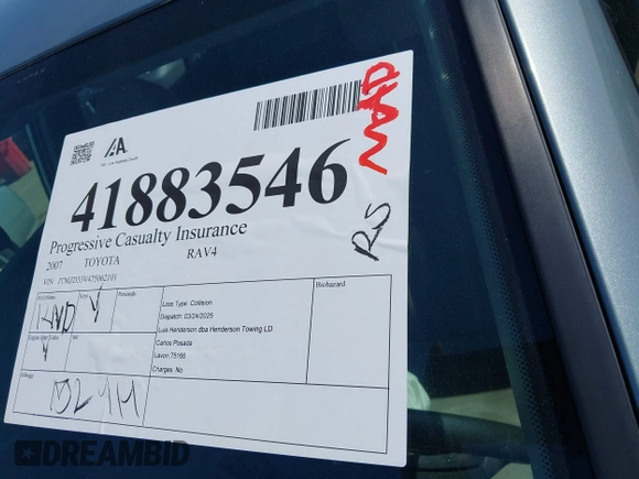 2007 Toyota RAV4 with VIN JTMZD33V475062101, listed as a IAAI auction lot 41883546 with 152,919 mi miles. Bid and sale history available at carsss.com. Image 12.