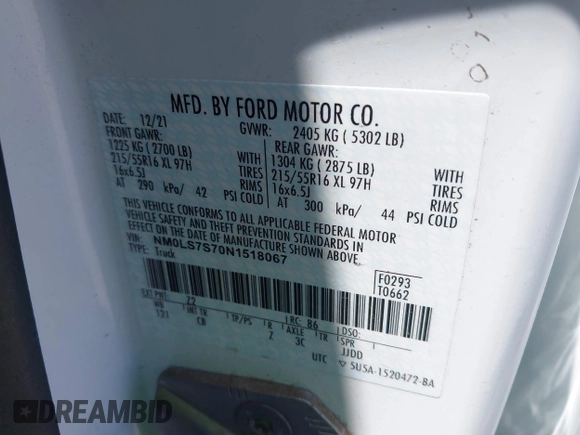 2022 Ford Transit Connect XL with VIN NM0LS7S70N1518067, listed as a IAAI auction lot 42478936 with 76,884 mi miles and . Bid and sale history available at DreamBid. Image 9.