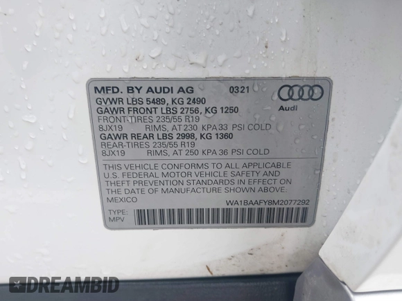 2021 Audi Q5 Premium Plus z VIN WA1BAAFY8M2077292, wystawiony jako IAAI lot #41663216 z przebiegiem 35 378 mil mil oraz . Historia ofert i sprzedaży dostępna na DreamBid. Obrazek 9.